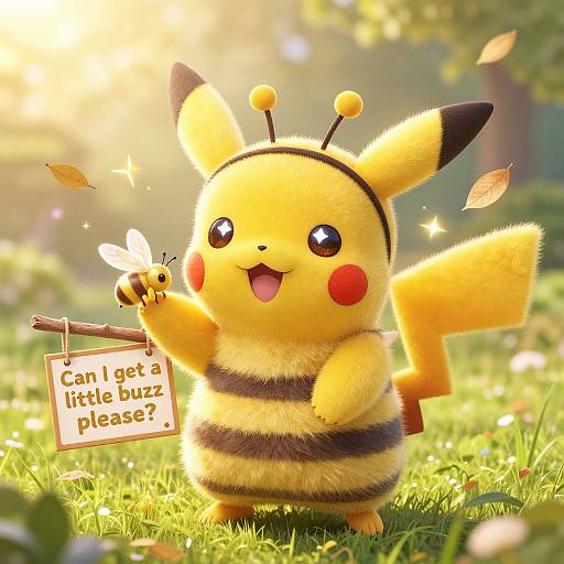 Cute, fluffy Pikachu bee costume holding a sign 