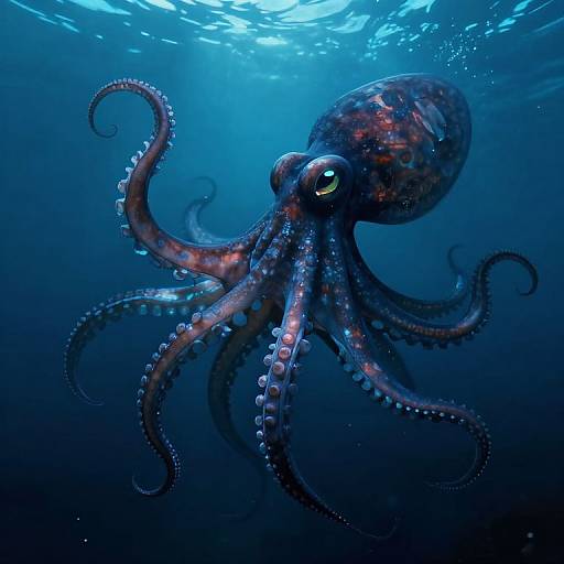 Digital artwork of a vibrant, multi-colored octopus with glowing yellow eyes, floating gracefully underwater in a deep blue ocean.