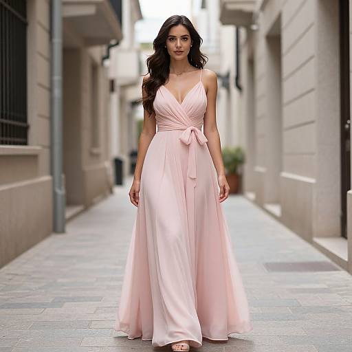 Photograph of a brunette woman with long wavy hair, wearing a pink, V-neck, floor-length dress with a bow, walking down a narrow