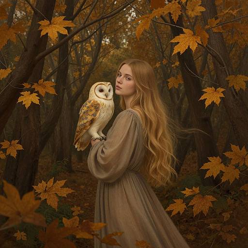 Photograph of a young blonde woman in a flowing brown dress, holding a barn owl, surrounded by autumn leaves in a forest. Warm, magical,