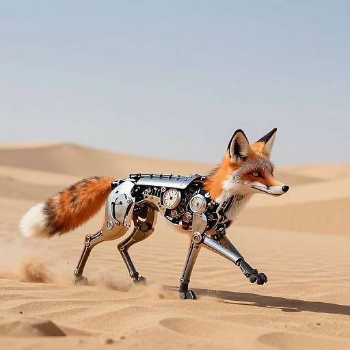 Photograph of a cybernetic fox with robotic legs and mechanical components, walking through a sunny, sandy desert landscape.