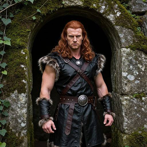 Photorealistic image of a muscular, red-haired Viking warrior with fur-trimmed black armor, standing in a mossy, stone archway.