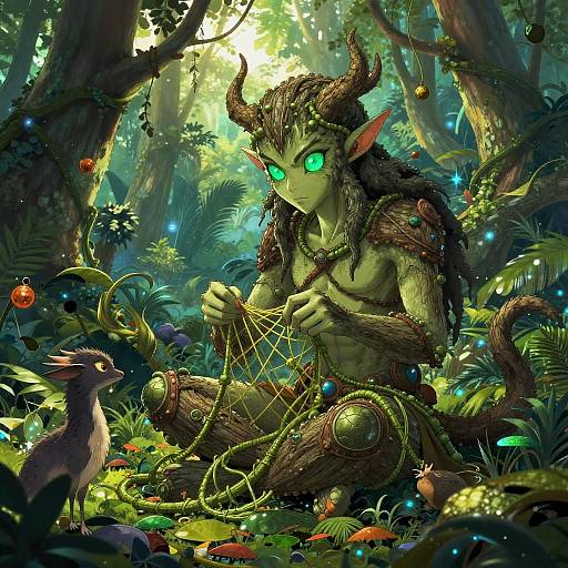 Digital fantasy art: Green-eyed, horned forest elf with green skin and muscular build, weaving glowing spider webs amidst enchanted forest, surrounded by lumines
