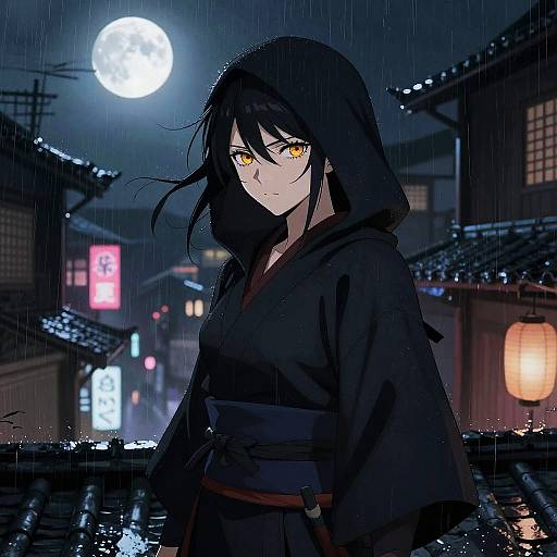 Anime-style illustration of a black-haired woman with golden eyes in a dark kimono, standing in a rainy, moonlit Japanese street. Neon signs and
