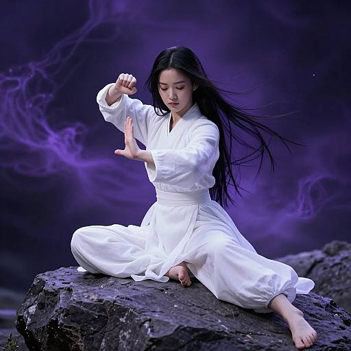 Asian woman with long black hair in white martial arts uniform, performing a kick on a rocky surface, against a purple, smoky background. Photoreal