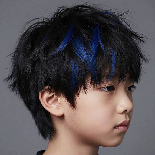 Photograph of a young Asian boy with spiky, black hair featuring vibrant blue streaks, gazing to the right against a gray background.