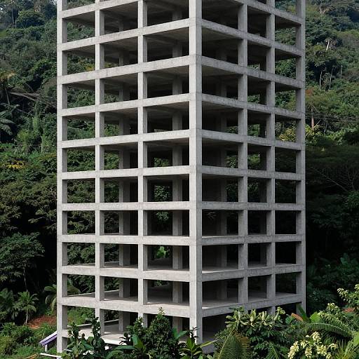 Photograph of a tall, unfinished concrete building with grid-like pattern, surrounded by dense, green forest and various plants in the foreground.