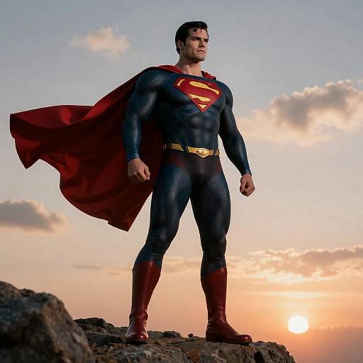 Man in Superman Costume on Rocky Cliff at Sunset