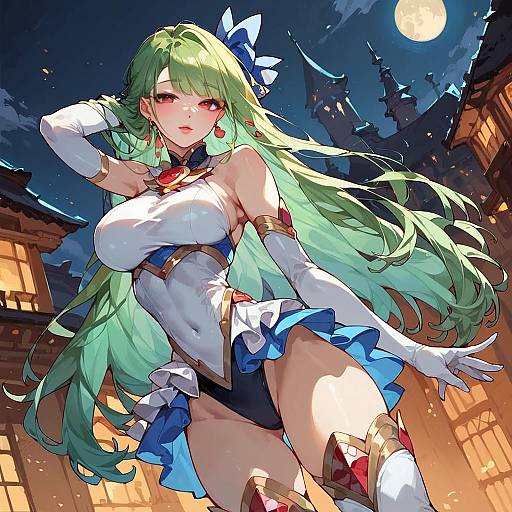 Magical Girl with Green Hair at Night