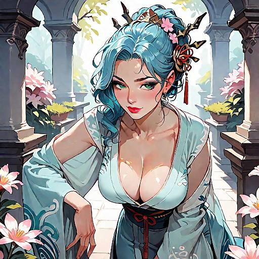 Digital anime-style drawing of a blue-haired woman with large breasts, wearing a low-cut white kimono, leaning forward in a sunlit, flower-filled