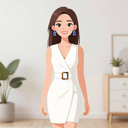 Chic Smiling Woman in White Dress