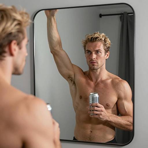 Shirtless Muscular Man Holding Can in Front of Mirror