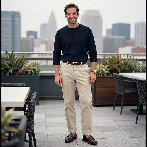 Photograph of a smiling man in a navy sweater, beige pants, brown belt, and brown loafers, standing on a rooftop terrace with cityscape