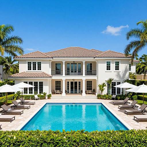 Photograph of a two-story, white stucco mansion with tiled roof, central balcony, and large rectangular pool, surrounded by palm trees, white