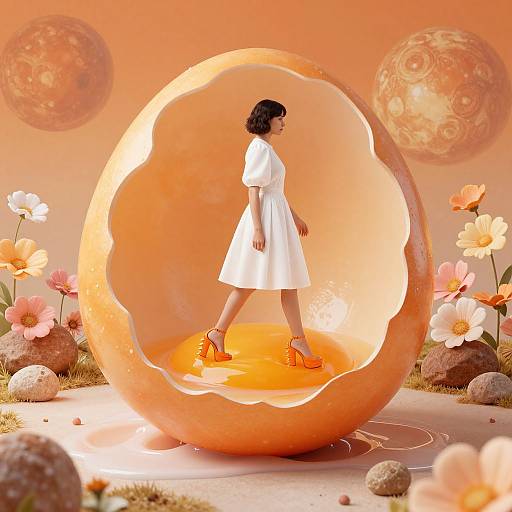 Photorealistic digital artwork of a woman in a white dress and orange heels walking inside a glowing, orange, egg-shaped structure surrounded by pink flowers and