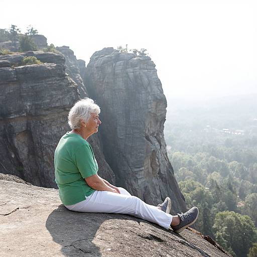 Photograph of an elderly white woman with short gray hair, green shirt, white pants, and black shoes, sitting on a rocky cliff, overlooking tall