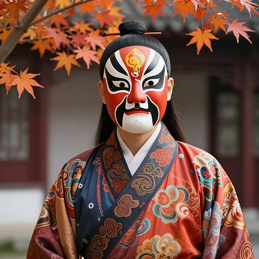 Photograph of a Japanese man in a vibrant, ornate kimono with red, black, and white face paint resembling a traditional Noh mask,
