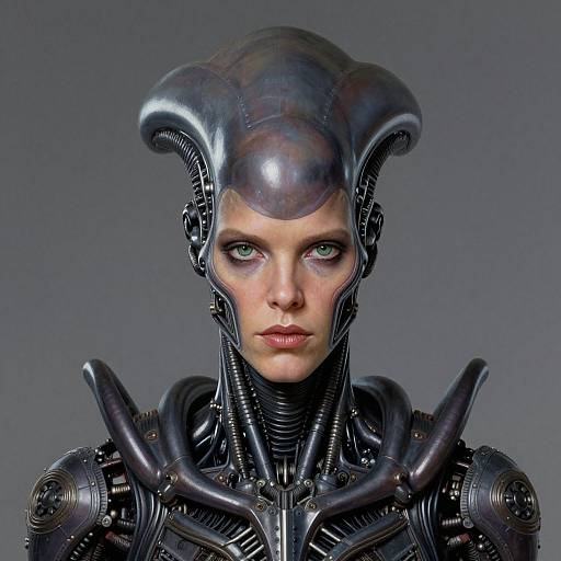 Photograph of a futuristic, pale-skinned woman with green eyes, wearing a sleek, black, high-tech helmet and armor with intricate mechanical details.