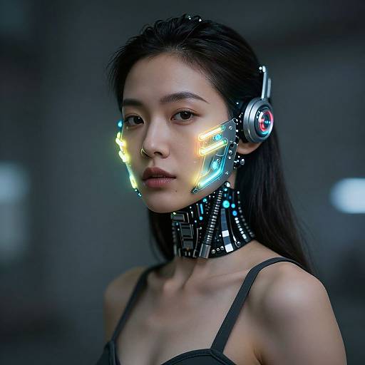 Photorealistic digital artwork of an Asian woman with futuristic cybernetic face and neck, glowing lights, wearing headphones, in a dark, blurred background