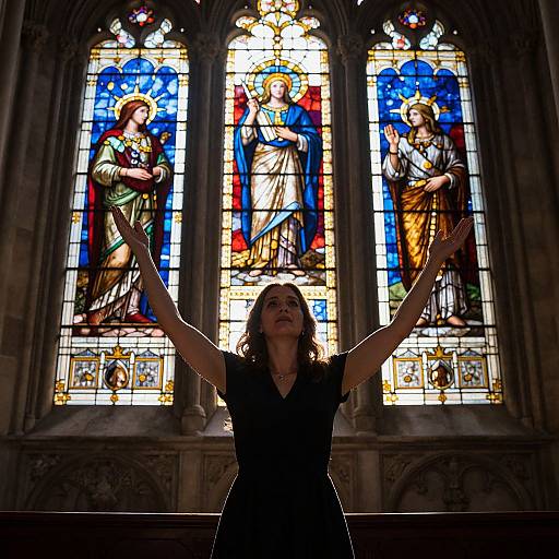 Photograph of a woman with arms raised, silhouetted against vibrant, detailed stained glass windows of three religious figures in a church.