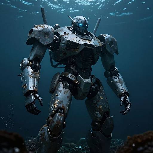 Photorealistic CGI of a heavily rusted, glowing blue-eyed robotic warrior standing underwater with sunlight filtering through the dark blue ocean.
