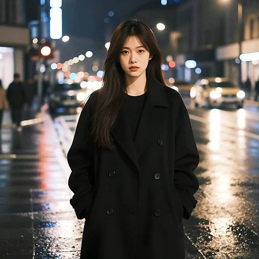 Photograph of a young Asian woman with long black hair, wearing a black coat, standing on a wet, illuminated city street at night, with blurred