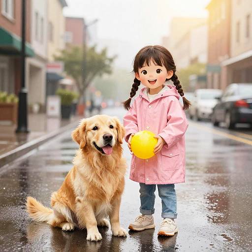 Photograph of a cute Asian girl with pigtails in a pink coat, holding a yellow ball, standing beside a happy Golden Retriever on