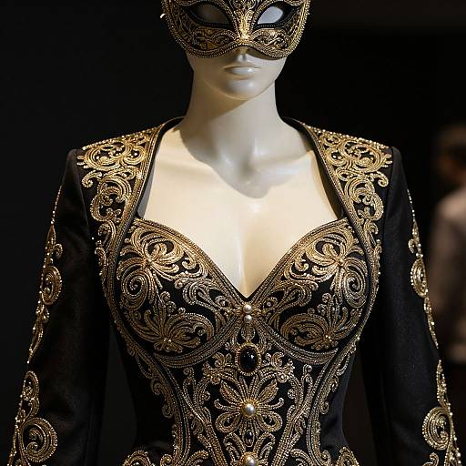 Photograph of a mannequin wearing an ornate black Venetian masquerade mask and gown with intricate gold embroidery and pearl details.