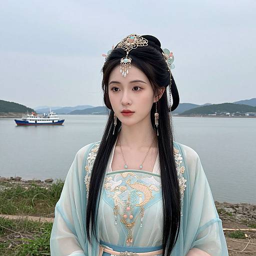 Photograph of an East Asian woman with long black hair, wearing traditional light blue and white embroidered dress, adorned with gold jewelry, standing by a calm
