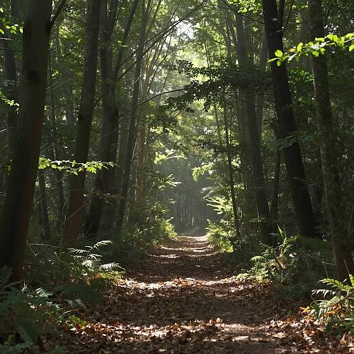 Photograph of a sunlit forest path, with tall trees, dappled sunlight, and shadows, surrounded by green foliage and brown fallen leaves.