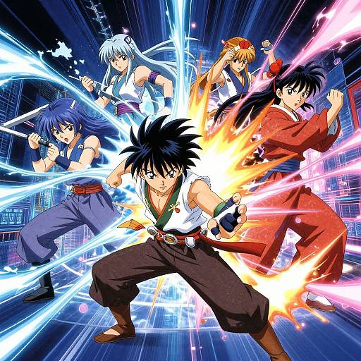 Digital anime artwork of five martial artists with glowing energy attacks, standing in dynamic combat poses, featuring vibrant colors and intense expressions.