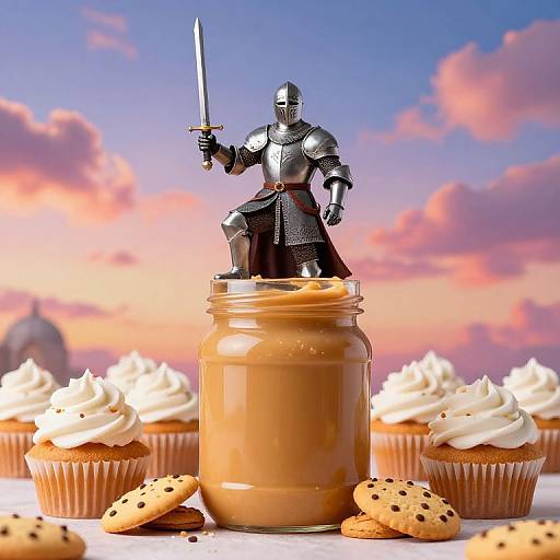 Photograph of knight statue with sword on jar of peanut butter, surrounded by cupcakes, cookies, and whipped cream, against sunset sky.