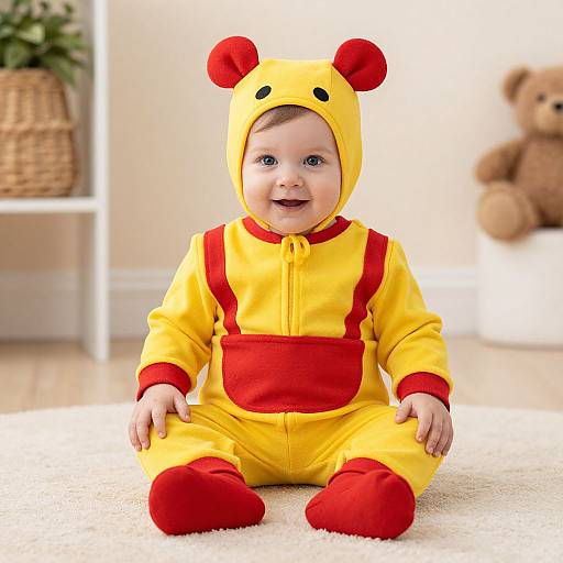 Photograph of a smiling baby in a yellow and red cartoon bear onesie with red ear accents, sitting on a white rug in a bright, softly