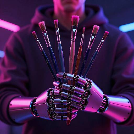 Photograph of a person in a hoodie holding a robotic hand with neon pink and blue-lit brushes arranged like fingers.