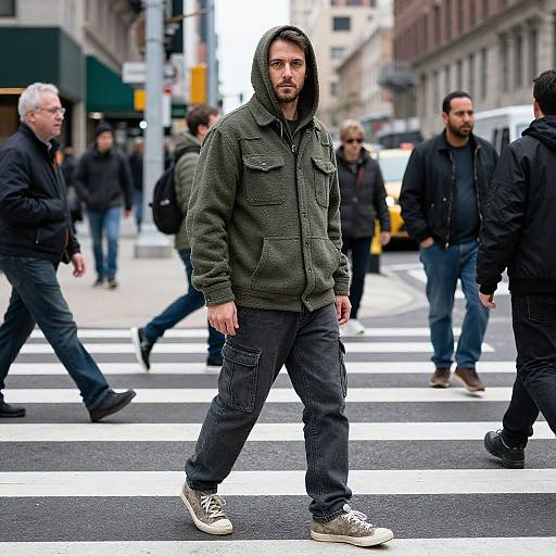 Photograph of a bearded man in a green hooded jacket and dark pants crossing an urban street, surrounded by pedestrians.