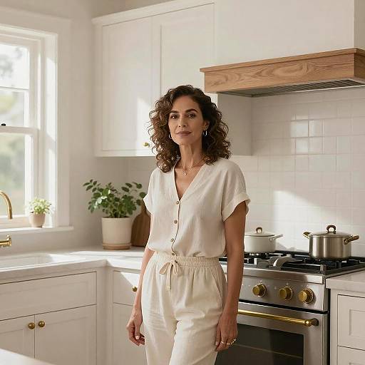 Photograph of a curly-haired woman in a white button-up romper standing in a bright, modern kitchen with white cabinets and stainless steel appliances. Sun