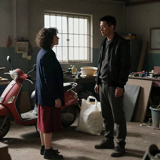 Two People Talking in Industrial Workshop