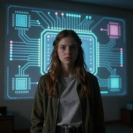 Photograph of a young woman with long brown hair, wearing a grey shirt and dark jacket, standing in front of a glowing circuit board hologram.