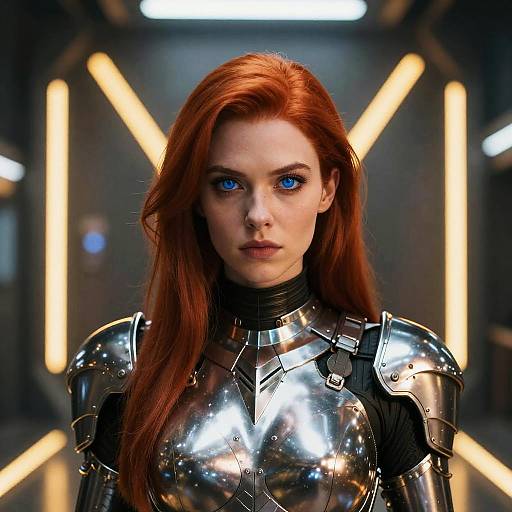 Photograph of a red-haired woman with blue eyes, wearing shiny metallic armor, standing in a futuristic, dark corridor with neon yellow lights forming a 