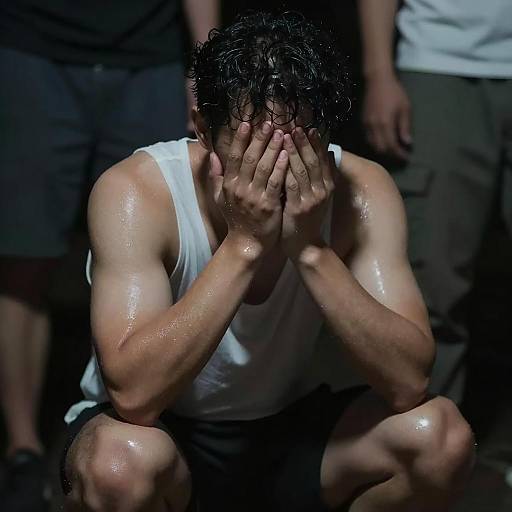 Sweaty Man Crouching and Covering Face