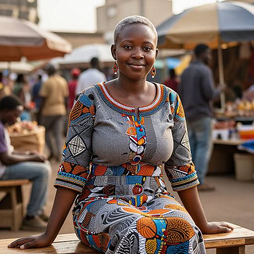 Photograph of a smiling African woman with short hair, wearing a colorful, patterned dress, seated outdoors at a bustling market.
