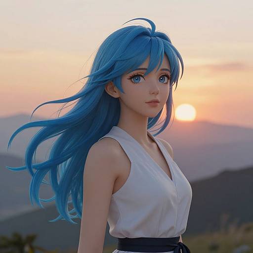 Digital anime-style portrait of a young woman with long, blue hair, large blue eyes, and a white sleeveless top, standing against a sunset over