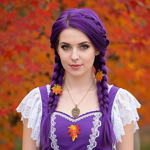 Photograph of a young woman with vibrant purple braided hair, wearing a lace-trimmed purple dress, orange leaf earrings, and a gold pendant