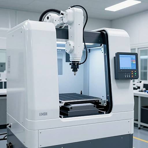 Photograph of a white 3D printer with a black and white spindle, control panel, and 