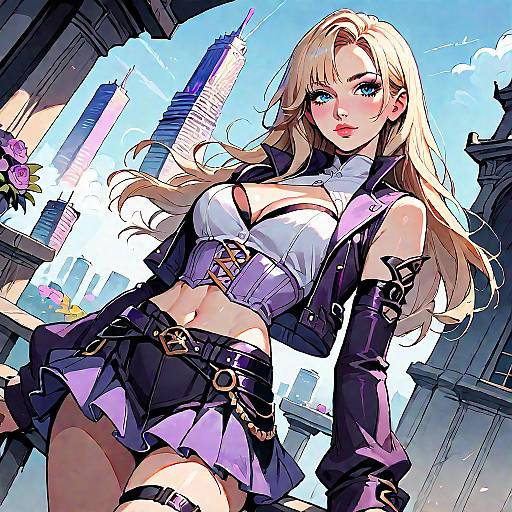 Digital anime-style drawing of a blonde woman with blue eyes, wearing a revealing black and white crop top, skirt, and armguards, in a futuristic