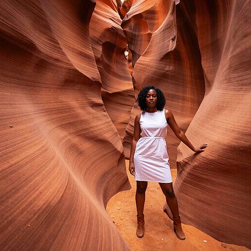 Photograph of an African-American woman with curly hair, wearing a white sleeveless dress and brown boots, standing in a narrow, red-orange sandstone