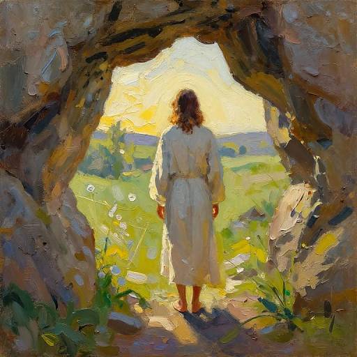 Jesus at Cave Entrance in Spring