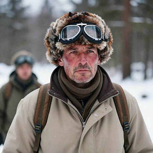 Serious Man in Snowy Forest Setting