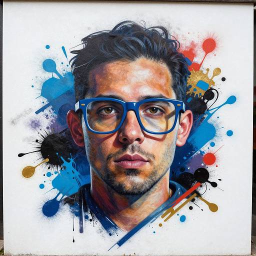 Digital portrait of a serious man with curly dark hair, blue glasses, and a stubbled face, surrounded by colorful paint splatters.