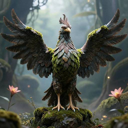 Moss-Covered Stone Phoenix in Enchanted Realm
